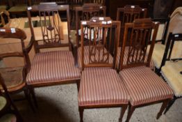 SET OF FIVE EDWARDIAN MAHOGANY DINING CHAIRS WITH STRIPED UPHOLSTERED SEATS