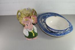 MIXED LOT COMPRISING A VICTORIAN WILLOW PATTERN MEAT PLATE, A NATWEST PIGGY BANK, ROYAL DUX FLORAL