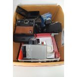 BOX CONTAINING VINTAGE CAMERAS, KODAK BROWNIE, POLAROID AND A VINTAGE SANYO DICTAPHONE