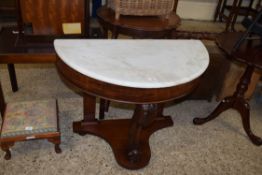 DEMI-LUNE VICTORIAN HALL TABLE WITH GREY MARBLE TOP OVER A MAHOGANY FRAME, 91CM WIDE
