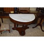 DEMI-LUNE VICTORIAN HALL TABLE WITH GREY MARBLE TOP OVER A MAHOGANY FRAME, 91CM WIDE