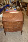 EDWARDIAN MAHOGANY BUREAU WITH FALL FRONT AND FITTED INTERIOR AND A THREE DRAWER BASE, 76CM WIDE