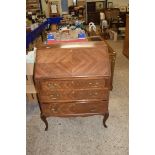 EDWARDIAN MAHOGANY BUREAU WITH FALL FRONT AND FITTED INTERIOR AND A THREE DRAWER BASE, 76CM WIDE