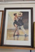 AFTER RAYMOND LEECH, COLOURED PRINT, DANCING COUPLE, FRAMED AND GLAZED, 77CM HIGH