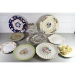 BOX CONTAINING DECORATED PLATES, CRUET ETC