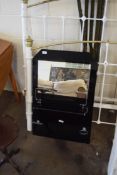 BLACK GLASS FRAMED BATHROOM SHELF AND MIRROR