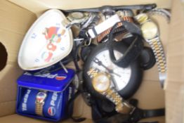 BOX OF WRIST WATCHES, SOUTH PARK BEDSIDE CLOCK ETC