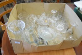 BOX OF MIXED DRINKING GLASSES, VASES ETC