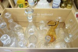 BOX OF DECANTERS, GLASS WARES ETC