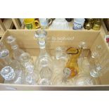 BOX OF DECANTERS, GLASS WARES ETC