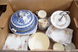 BOX OF MIXED CERAMICS TO INCLUDE FLORAL DECORATED TEA WARES, PARAGON TWO-TIER CAKE PLATE