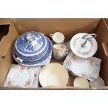 BOX OF MIXED CERAMICS TO INCLUDE FLORAL DECORATED TEA WARES, PARAGON TWO-TIER CAKE PLATE