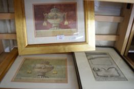 PAIR OF CONTEMPORARY COLOURED PRINTS OF VASES, GILT F/G TOGETHER WITH A SMALL FRAMED ANTIQUE PLAN OF