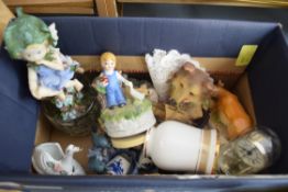 BOX OF MIXED ORNAMENTS, MINIATURE CLOCK ETC