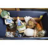 BOX OF MIXED ORNAMENTS, MINIATURE CLOCK ETC