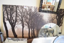 LARGE COLOURED PHOTOGRAPHIC PRINT OF A WOODED LANE TOGETHER WITH A MODERN CIRCULAR WALL MIRROR