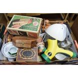 BOX OF MIXED CERAMICS AND OTHER ITEMS TO INCLUDE TEA WARES, HARDWOOD JEWELLERY BOXES ETC