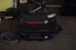 MONSTER BAIT AND TACKLE BAG CONTAINING MIXED REELS, BAIT BOXES, BITE DETECTOR ETC