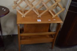 SMALL LIGHT WOOD SIDE TABLE WITH MAGAZINE RACK BASE, 52CM WIDE