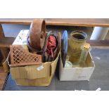 TWO BOXES VINTAGE HANDBAGS, GLASS WARES, SUNDRIES ETC