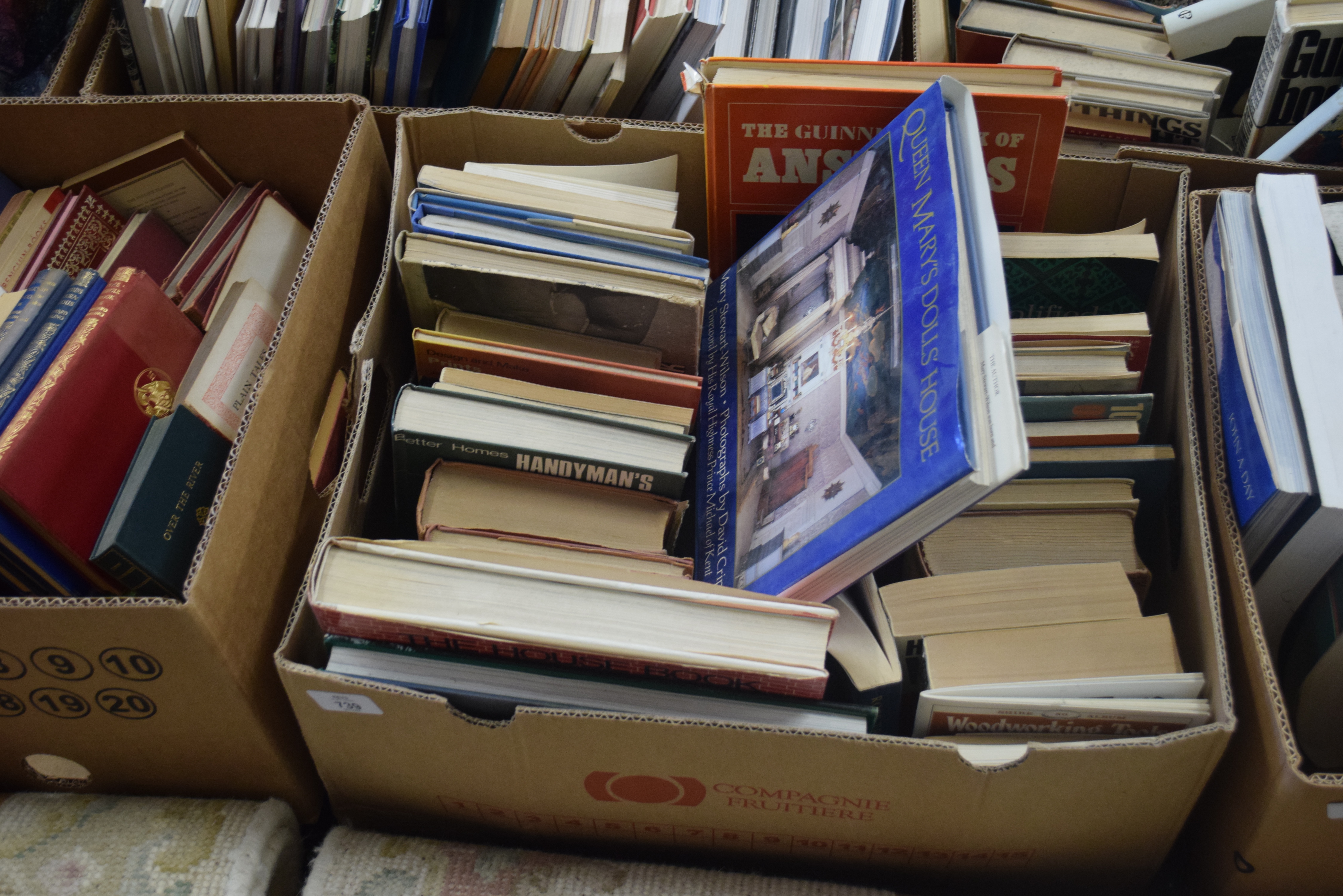 BOX OF BOOKS TO INCLUDE GUINNESS BOOK OF ANSWERS, QUEEN MARY'S DOLL HOUSE ETC