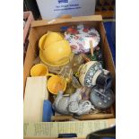 BOX OF MIXED CERAMICS, KITCHEN WARES ETC