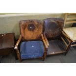 PAIR OF EARLY 20TH CENTURY ARMCHAIRS WITH LEATHER BACKS (A/F)