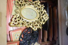 BOX OF PLACE MATS, GILT PICTURE FRAME, CUTLERY TRAY ETC