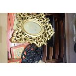 BOX OF PLACE MATS, GILT PICTURE FRAME, CUTLERY TRAY ETC
