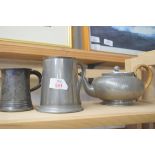 TWO PEWTER MUGS AND A PEWTER TEA POT