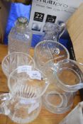 MIXED LOT OF GLASS JUGS, VASES, DECANTER ETC