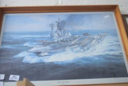 FRAMED COLOURED PRINT "HMS ARK ROYAL" BY ROBERT TAYLOR, FRAMED AND GLAZED, 59CM WIDE