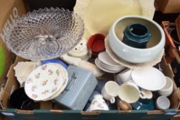 BOX OF MIXED CHINA WARES TO INCLUDE FLORAL DECORATED TEA WARES, EDWARDIAN TAZZA, GLASS TAZZA AND A