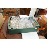 BOX OF MIXED DRINKING GLASSES, DECANTERS ETC