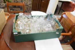 BOX OF MIXED DRINKING GLASSES, DECANTERS ETC