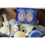 BOX OF VARIOUS ROYAL COMMEMORATIVE CERAMICS PRINCIPALLY MUGS, TO INCLUDE HOLKHAM POTTERY,