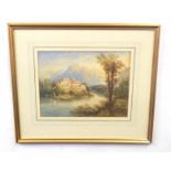 A Capriccio landscape set with architectural elements overlooking a lake . Watercolour, unsigned.