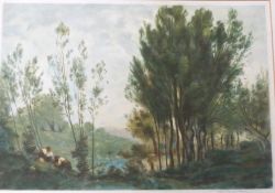 A landscape with two figures between trees. Coloured lithograph, indistinctly signed in pencil by