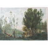 A landscape with two figures between trees. Coloured lithograph, indistinctly signed in pencil by