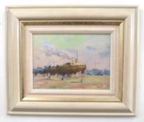 British, 20th century, an unidentified harbour scene with one ship anchored, oil on board, unsigned,