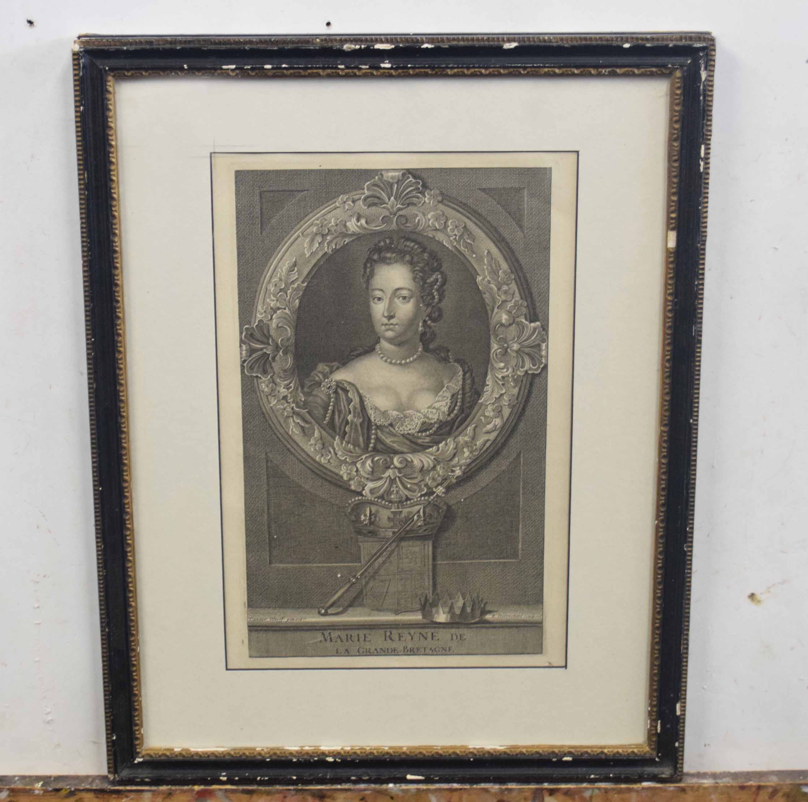 After Adriaen Van der Werf, Flemish 17C, Portraits of William III and Mary II . Engraving laid on - Image 2 of 2