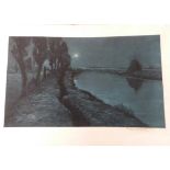 A river scene by moonlight . Coloured lithograph, indistinctly signed in pencil by the artist.