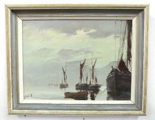 British, 20th century, Boats at anchor on still waters, oil on board, indistinctly signed, 22 x