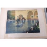 An early 20C Continental scene with figures next to a pool and fountain . Coloured lithograph,