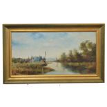 British, 20th century, Norfolk Broads with village in distance, oil on canvas, indistinctly