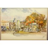 An unidentified townscape with figures and traffic, pen and watercolour, indistinctly signed, 10 x