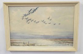 ROLAND GREEN (British, 20th century), Mallards in flight over Broads, watercolour, signed, 8 x 12.