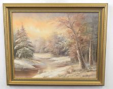 British, contemporary, A winter landscape at daybreak, oil on canvas, 15 x 20ins