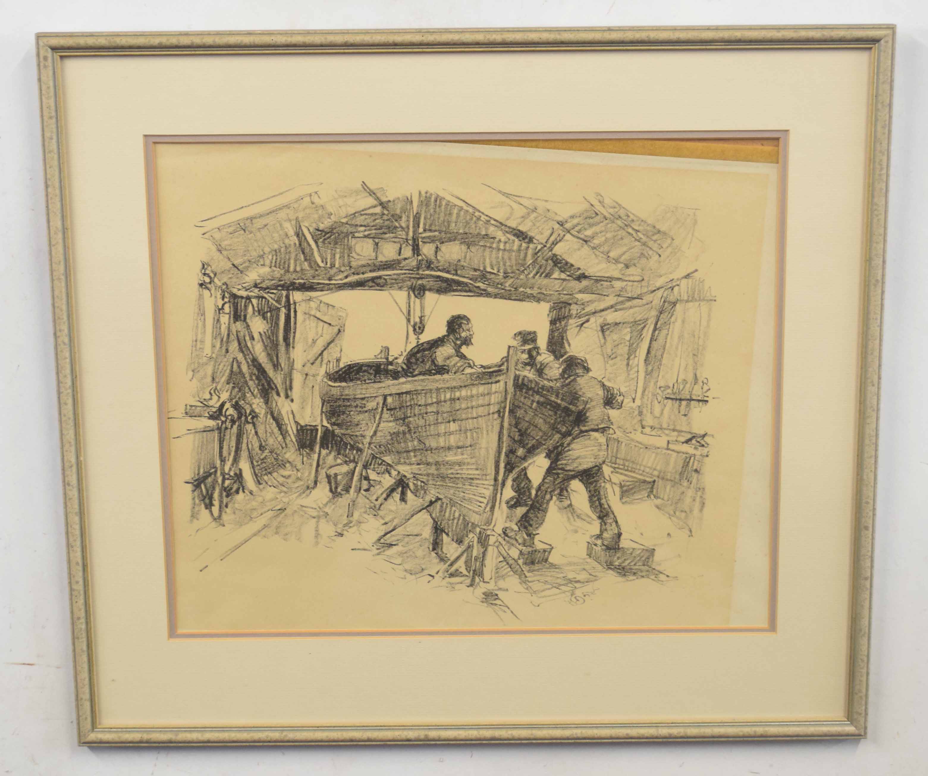 British, 20th century, "The Boatyard", pencil on paper, indistinctly signed, 14 x 17ins