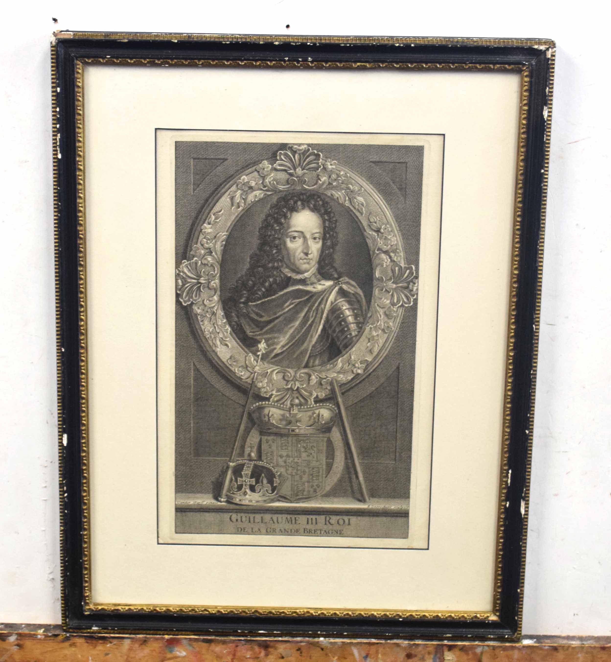 After Adriaen Van der Werf, Flemish 17C, Portraits of William III and Mary II . Engraving laid on
